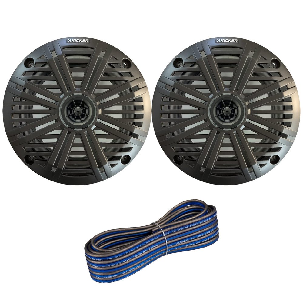 1 Pair (QTY 2) of Kicker 6.5" 2-Way 195 Watts Max Power Coaxial Marine Audio Speakers with Charcoal Salt Water Grilles, 20-Feet 16-Gauge Speaker Wire