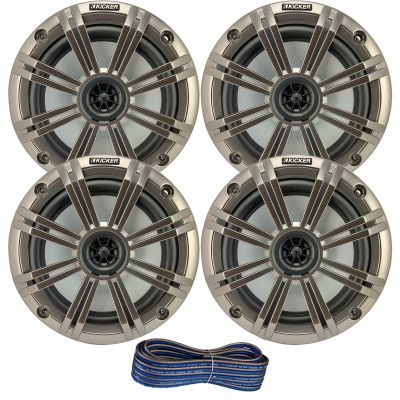 2 Pair (Qty 4) of Kicker 6.5" 2-Way 195 Watts Max Power Coaxial Marine Audio Speakers with Silver Grilles, 50-Feet 16-Gauge Speaker Wire