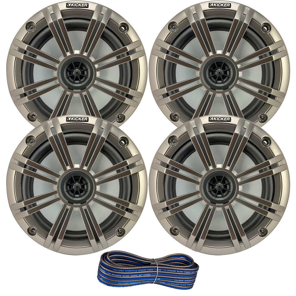 2 Pair (Qty 4) of Kicker 6.5" 2-Way 195 Watts Max Power Coaxial Marine Audio Speakers with Silver Grilles, 50-Feet 16-Gauge Speaker Wire