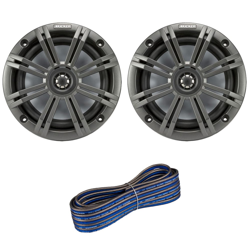 1 Pair (Qty 2) of Kicker 6.5" 2-Way 195 Watts Max Power Coaxial Marine Audio Speakers with Charcoal Grilles, 50 Feet 16-Gauge Speaker Wire