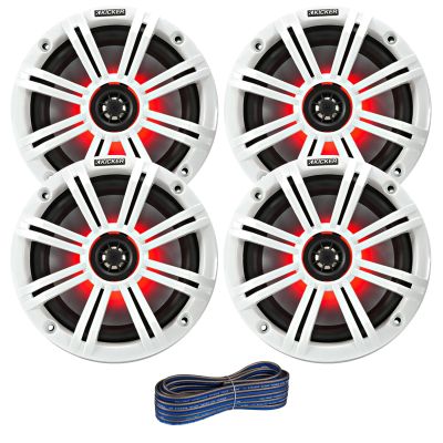 2 Pair (Qty 4) of Kicker 6.5" 2-Way 195 Watt Max Power Coaxial Marine Audio Multicolor LED Speakers with White Grilles, 50-Feet 16 Gauge Speaker Wire