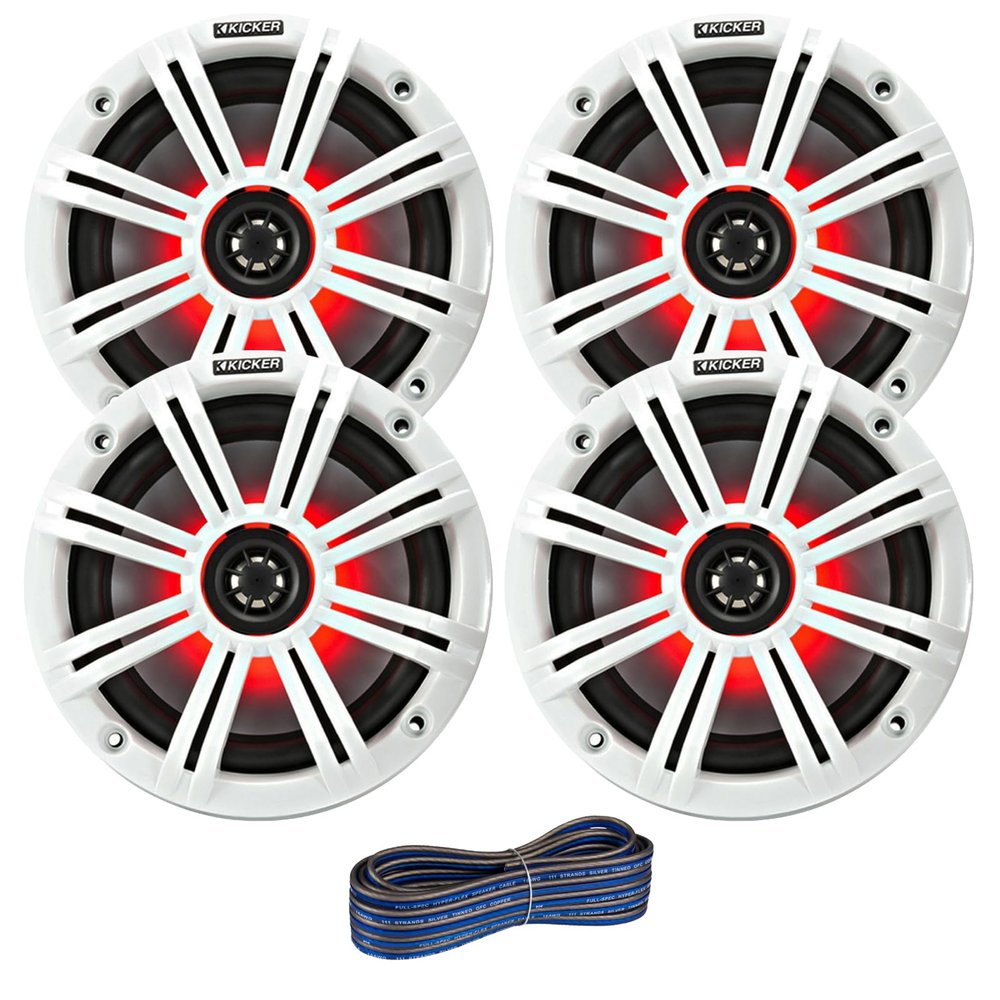 2 Pair (Qty 4) of Kicker 6.5" 2-Way 195 Watt Max Power Coaxial Marine Audio Multicolor LED Speakers with White Grilles, 50-Feet 16 Gauge Speaker Wire
