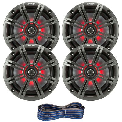 2 Pair (QTY 4) of Kicker 6.5" 2-Way 195 Watts Max Power Coaxial Marine Audio MultiColor LED Speakers with Charcoal Grilles, 20-Feet 16-Gauge Speaker Wire