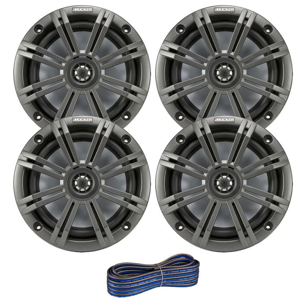 2 Pair (Qty 4) of Kicker 6.5" 2-Way 195 Watts Max Power Coaxial Marine Audio Speakers with Charcoal Grilles, 50 Feet 16-Gauge Speaker Wire