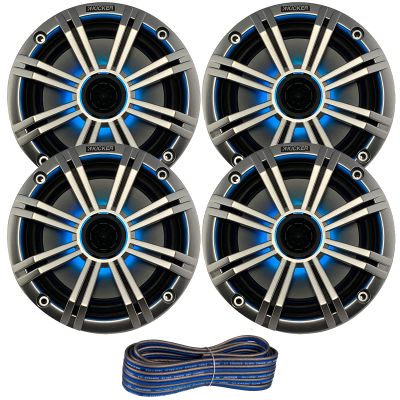 2 Pair (Qty 4) of Kicker 6.5" 2-Way 195 Watts Max Power Coaxial Marine Audio Multicolor LED Speakers with Silver Grilles, 50-Feet 16-Gauge Speaker Wire