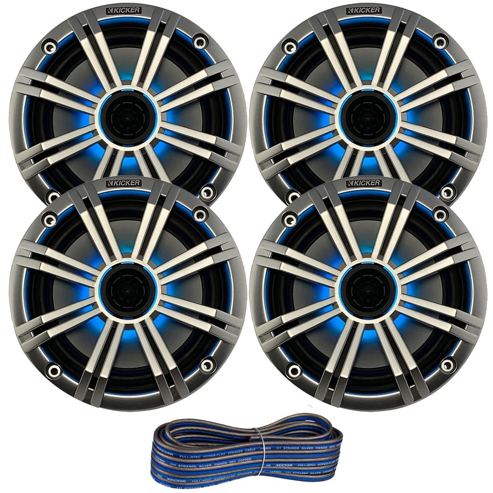 2 Pair (Qty 4) of Kicker 6.5" 2-Way 195 Watts Max Power Coaxial Marine Audio Multicolor LED Speakers with Silver Grilles, 50-Feet 16-Gauge Speaker Wire