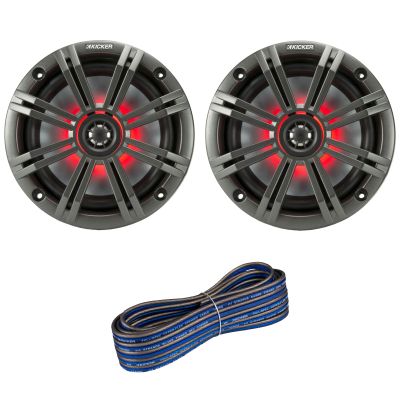 1 Pair (QTY 2) of Kicker 6.5" 2-Way 195 Watts Max Power Coaxial Marine Audio MultiColor LED Speakers with Charcoal Grilles, 20-Feet 16-Gauge Speaker Wire