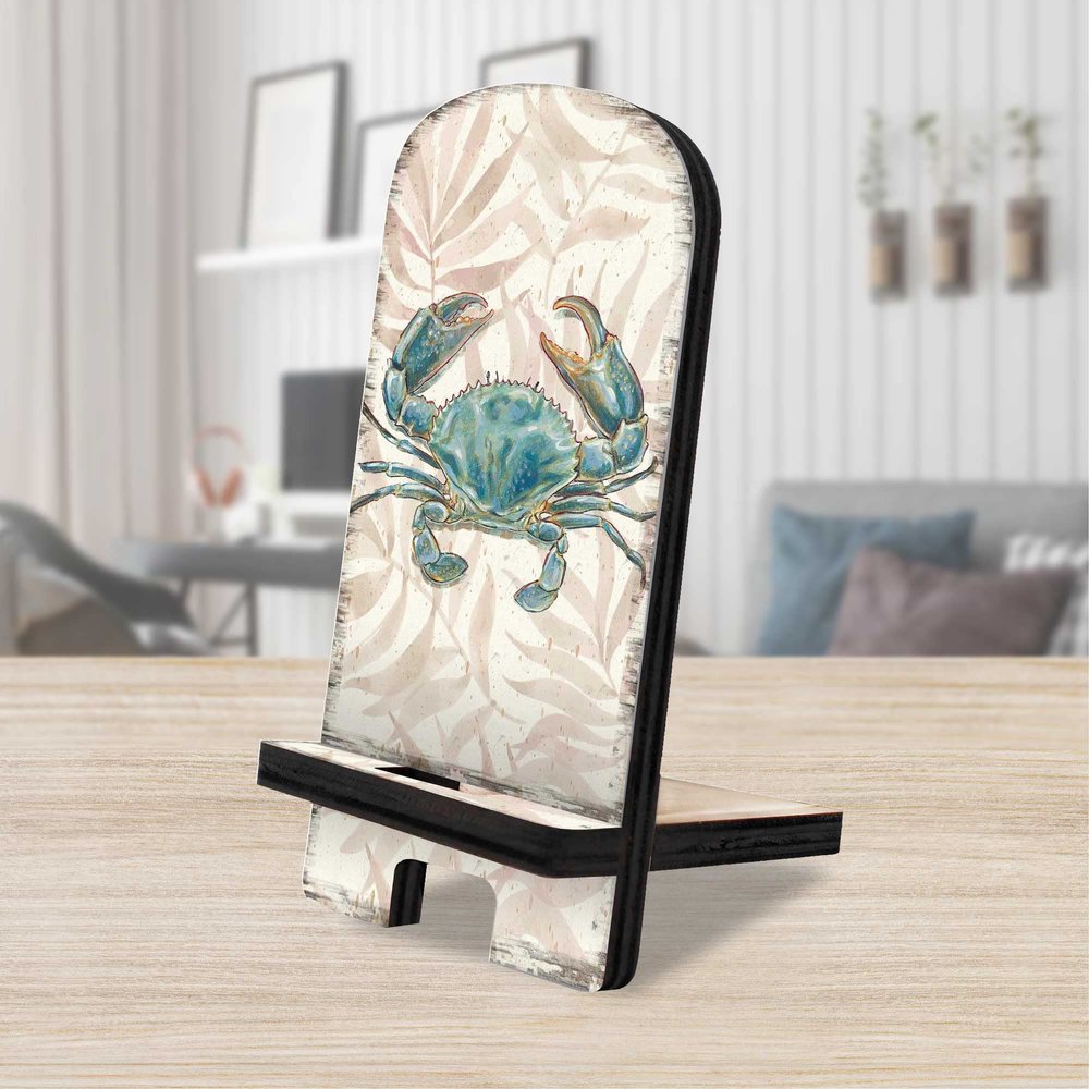 Vintage Crab Coastal Cell Phone Stand | Wood Mobile Tablet Holder Charging Station Organizer - 892046