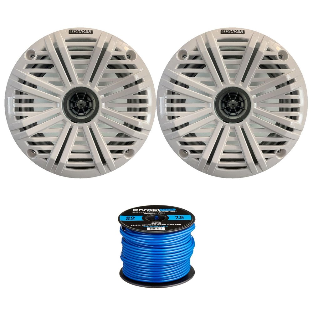 1 Pair (Qty 2) of Kicker 6.5" 2-Way 195 Watt Max Power OEM Replacement Coaxial Marine Boat Audio Speakers with White Salt Water Grilles, 50-Feet 16-Gauge Speaker Wire