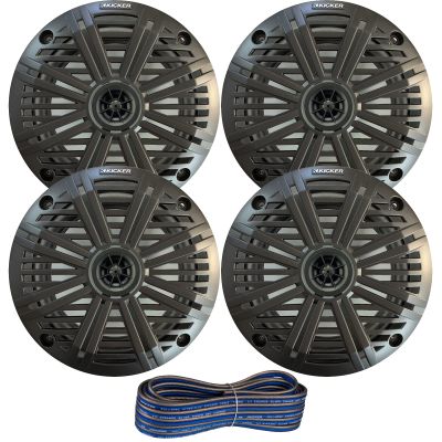 2 Pair (QTY 4) of Kicker 6.5" 2-Way 195 Watts Max Power Coaxial Marine Audio Speakers with Charcoal Salt Water Grilles, 20-Feet 16-Gauge Speaker Wire