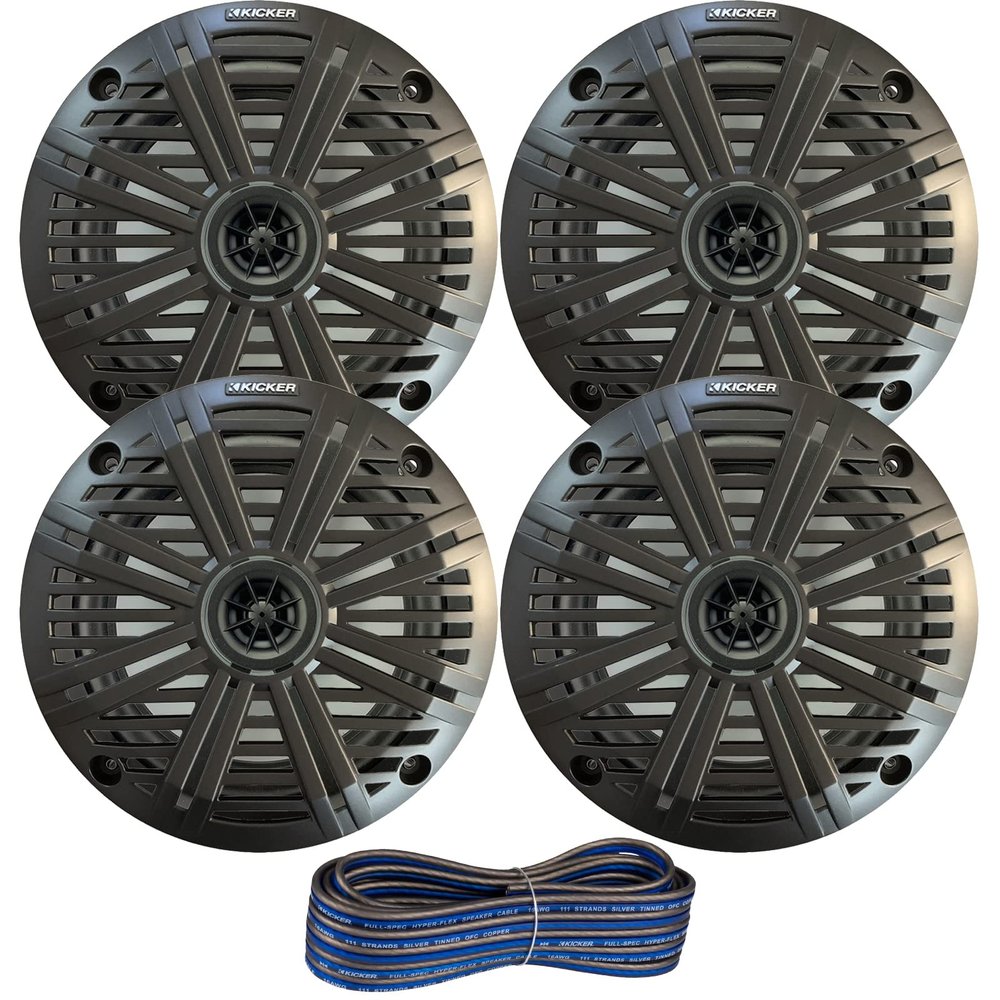 2 Pair (QTY 4) of Kicker 6.5" 2-Way 195 Watts Max Power Coaxial Marine Audio Speakers with Charcoal Salt Water Grilles, 20-Feet 16-Gauge Speaker Wire