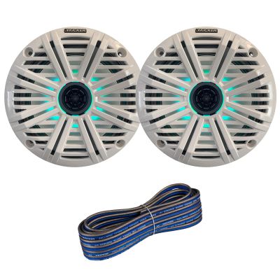 1 Pair (Qty 2) of Kicker 6.5" 2-Way 195 Watts Max Power Coaxial Marine Audio Multicolor LED Speakers with White Salt Water Grilles, 50-Feet 16-Gauge Speaker Wire
