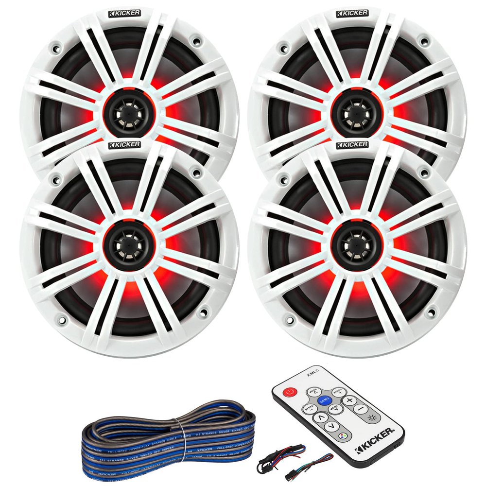 2 Pair (Qty 4) of Kicker 6.5" 2-Way 195 Watts Max Power Coaxial Marine Audio Multicolor LED Speakers with White Grilles, LED Speaker Remote Control, 50 Feet 16-Gauge Speaker Wire