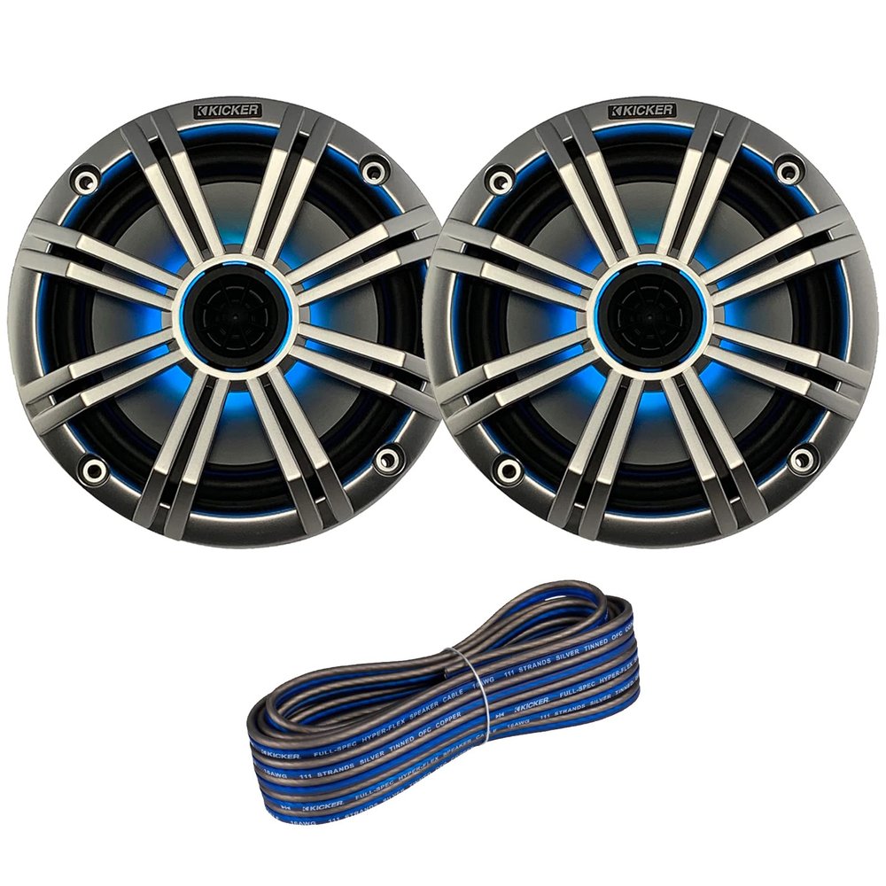 1 Pair (QTY 2) of Kicker 6.5" 2-Way 195 Watts Max Power Coaxial Marine Audio MultiColor LED Speakers with Silver Grilles, 20-Feet 16-Gauge Speaker Wire