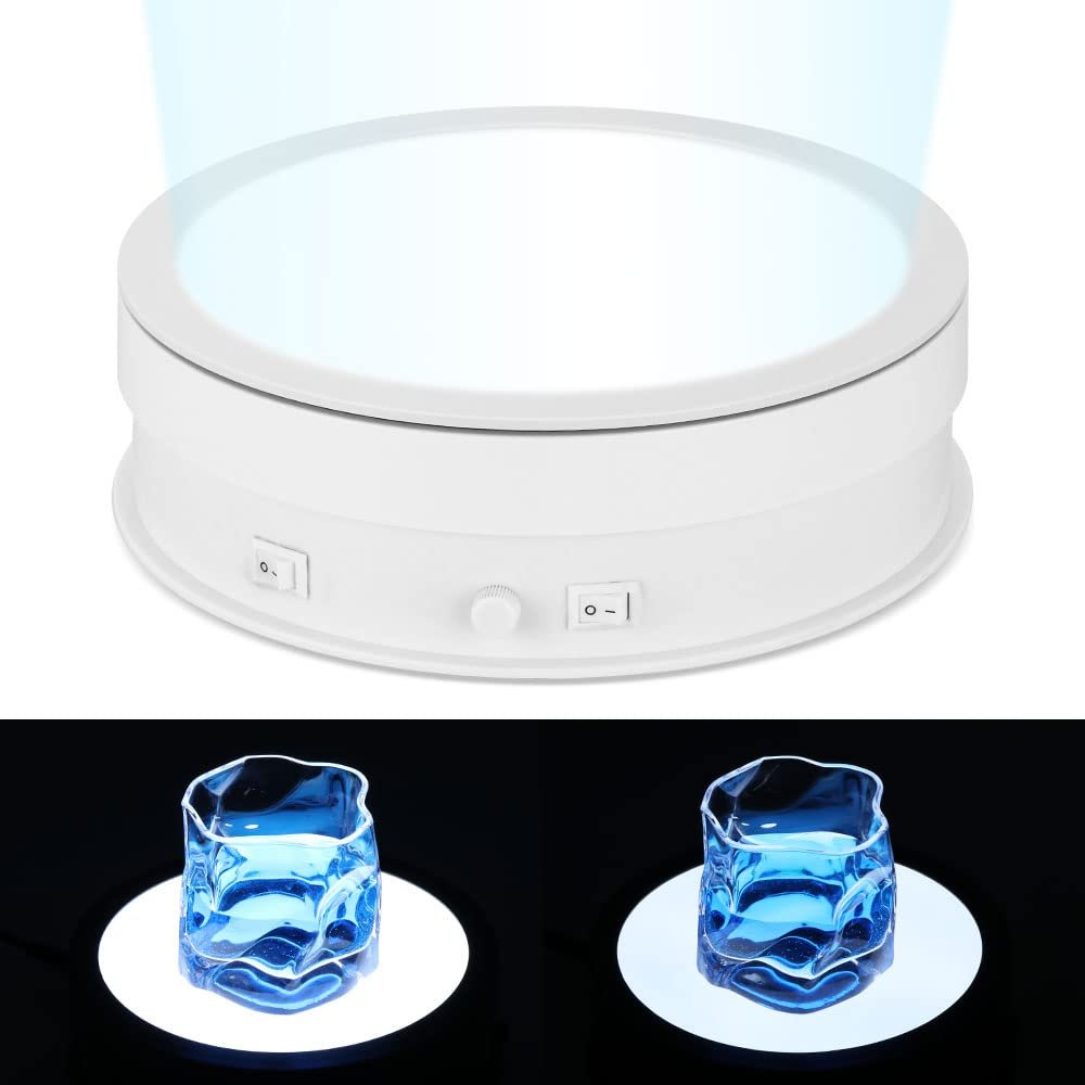 Flyrivergo Rotating Display Stand with LED Light, 7.9in/44lb Electric Turntable 360 Degrees Adjustable Lighting for Jewelry, Crystal, Product, Photography, Video, Live (White)