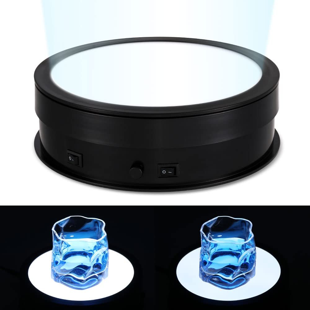 Flyrivergo Rotating Display Stand with LED Light, 7.9inch/44lb Electric Turntable 360 Degrees Adjustable Lighting for Jewelry, Crystal, Product Display, Photography, Video, Live (Black)