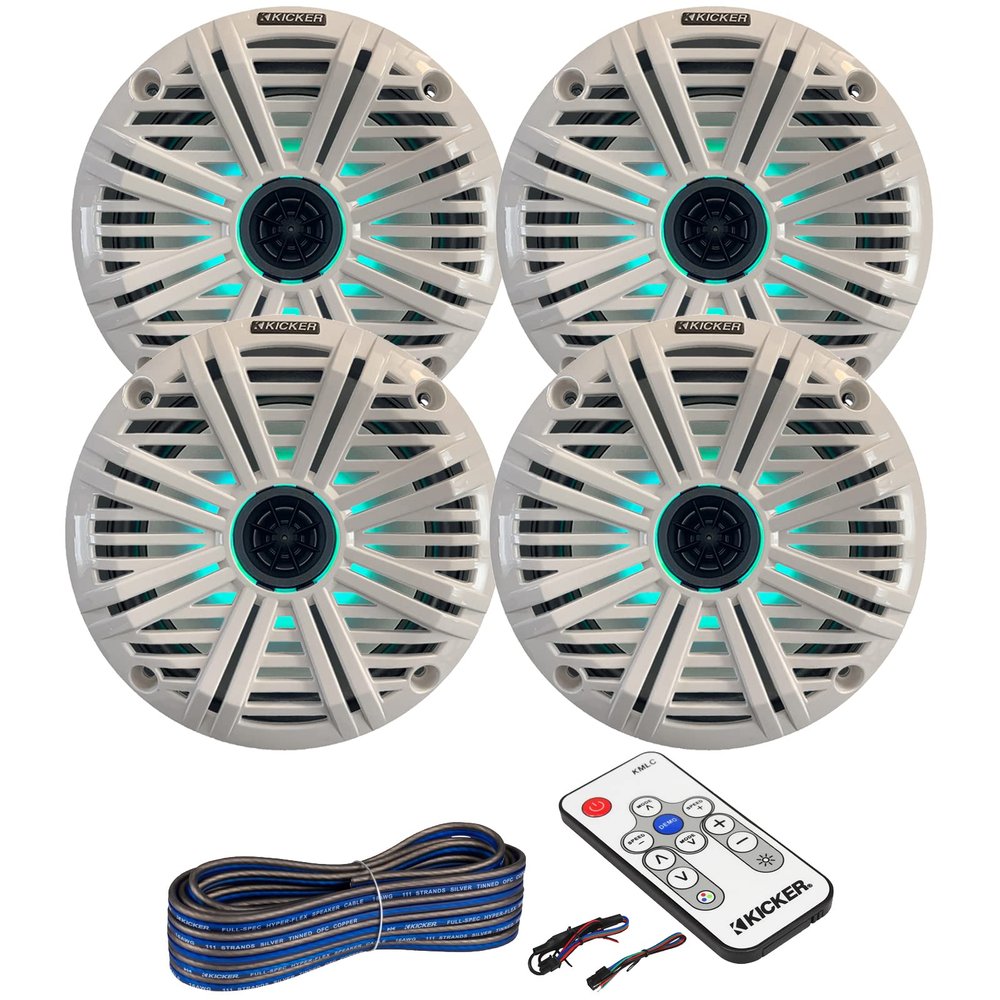 2 Pair (QTY 4) of Kicker 6.5" 2-Way 195 Watts Max Power Coaxial Marine Audio MultiColor LED Speakers with White Salt Water Grilles, LED Speaker Remote Control, 20-Feet 16-Gauge Speaker Wire