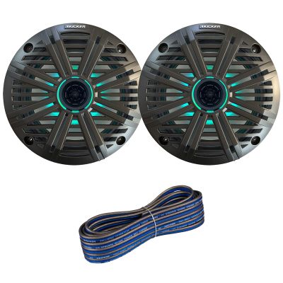 1 Pair (QTY 2) of Kicker 6.5" 2-Way 195 Watts Max Power Coaxial Marine Audio MultiColor LED Speakers with Charcoal Salt Water Grilles, 20-Feet 16-Gauge Speaker Wire