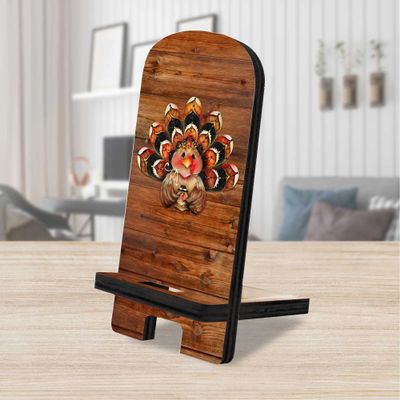 Happy Turkey Cell Phone Stand Halloween Dcor | Wood Mobile Tablet Holder Charging Station Organizer - 892038-MP