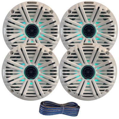 2 Pair (Qty 4) of Kicker 6.5" 2-Way 195 Watts Max Power Coaxial Marine Audio Multicolor LED Speakers with White Salt Water Grilles, 50-Feet 16-Gauge Speaker Wire