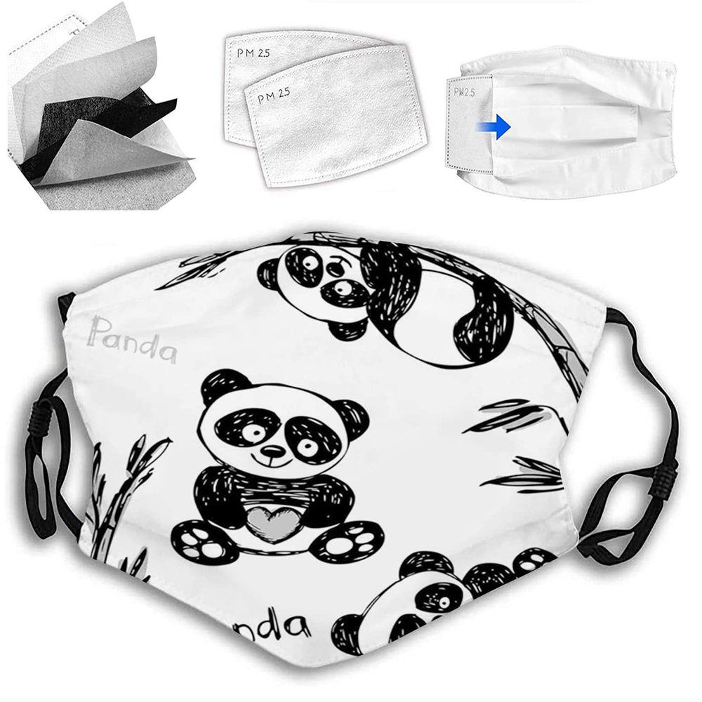 VeJerKK Panda Fashion Face mask,Happy Animal Bamboo Branch Painting,Dust Washable Reusable Filter and Reusable Mouth Warm Windproof Face,Black White