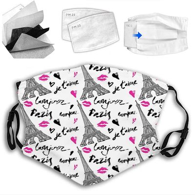 VeJerKK Paris Fashion Face mask,Eiffel Tower with Kiss Heart Words Love,Dust Washable Reusable Filter and Reusable Mouth Warm Windproof Face,Black Pink