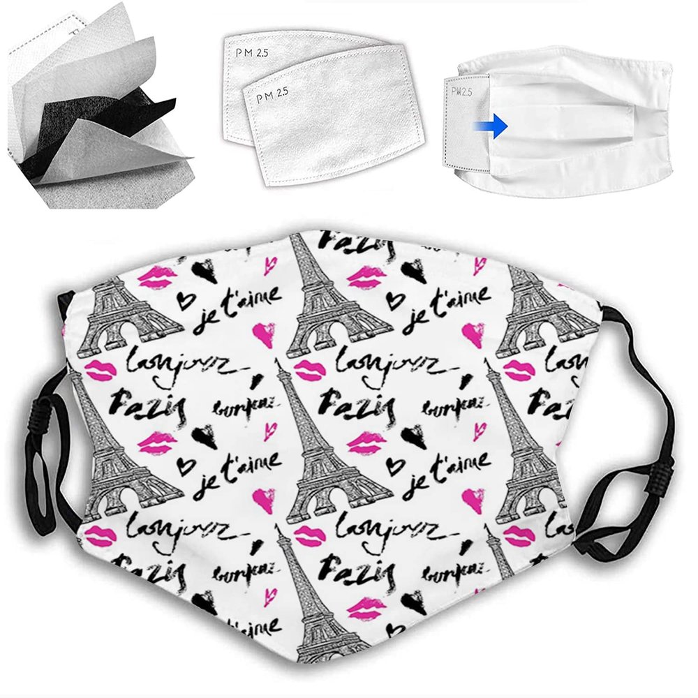 VeJerKK Paris Fashion Face mask,Eiffel Tower with Kiss Heart Words Love,Dust Washable Reusable Filter and Reusable Mouth Warm Windproof Face,Black Pink