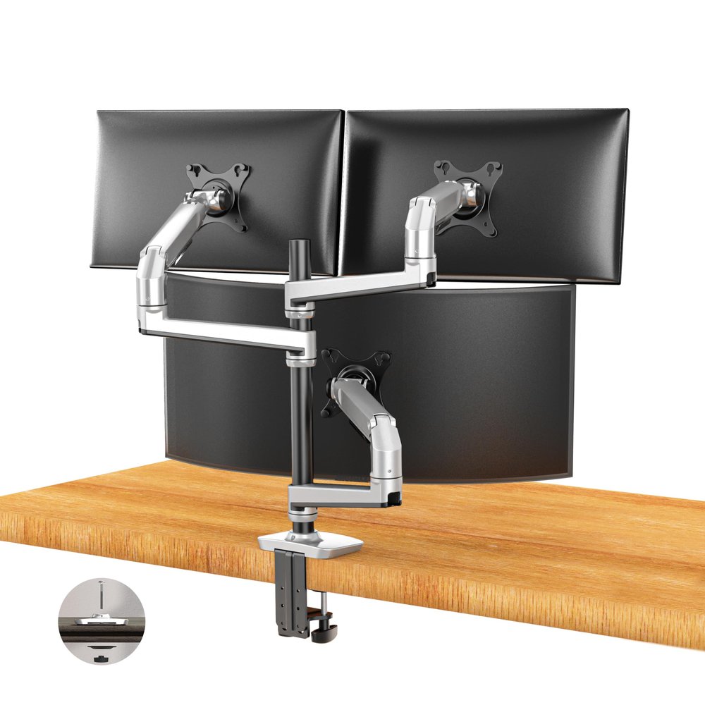 Ergounion Triple Monitor Mount, Holds Screens up to 40 Inches and 25 lbs, Fully Adjustable 3 Monitor Desk Mount with C-Clamp and Grommet Base, Aluminum, Silver