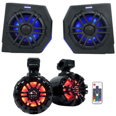 Memphis Pair Audio CANAMDEF65FE 75w RMS Speaker Pods for 2018+ Can Am Defender Bundle with (2) Rockville WB50KLS Black 5.25" 250w Metal Marine Wakeboard LED Tower Speakers