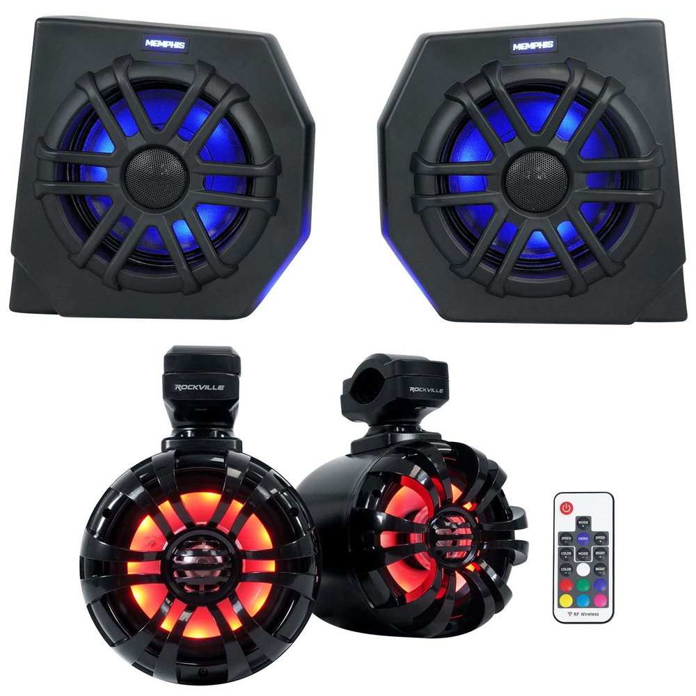 Memphis Pair Audio CANAMDEF65FE 75w RMS Speaker Pods for 2018+ Can Am Defender Bundle with (2) Rockville WB50KLS Black 5.25" 250w Metal Marine Wakeboard LED Tower Speakers