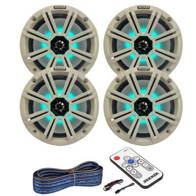 2 Pair (QTY 4) of Kicker 8" 2-Way 300 Watts Max Power Coaxial Marine Audio MultiColor LED Speakers with White Grilles, LED Speaker Remote Control, 50-Feet 16-Gauge Speaker Wire