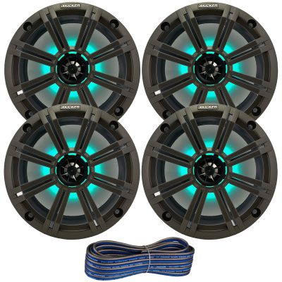 2 Pair (QTY 4) of Kicker 8" 2-Way 300 Watts Max Power Coaxial Marine Audio MultiColor LED Speakers with Charcoal Grilles, 50-Feet 16-Gauge Speaker Wire