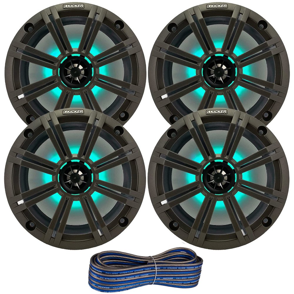 2 Pair (QTY 4) of Kicker 8" 2-Way 300 Watts Max Power Coaxial Marine Audio MultiColor LED Speakers with Charcoal Grilles, 50-Feet 16-Gauge Speaker Wire
