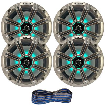 2 Pair (QTY 4) of Kicker 8" 2-Way 300 Watts Max Power Coaxial Marine Audio MultiColor LED Speakers with Silver Grilles, 50-Feet 16-Gauge Speaker Wire