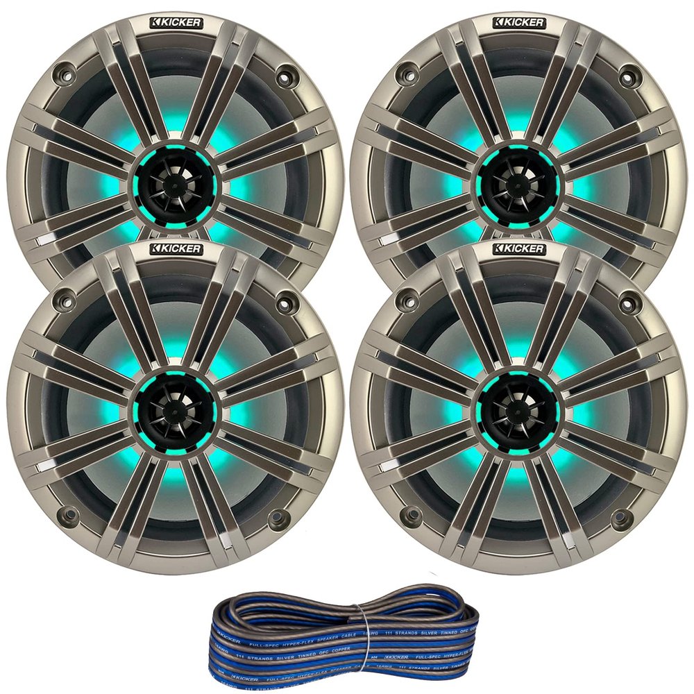 2 Pair (QTY 4) of Kicker 8" 2-Way 300 Watts Max Power Coaxial Marine Audio MultiColor LED Speakers with Silver Grilles, 50-Feet 16-Gauge Speaker Wire