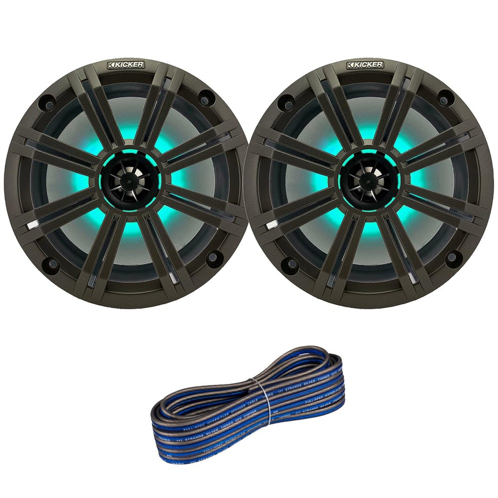 1 Pair (Qty 2) of Kicker 8" 2-Way 300 Watt Max Power Coaxial Marine Audio Multicolor LED Speakers with Charcoal Grilles, 50-Feet 16-Gauge Speaker Wire