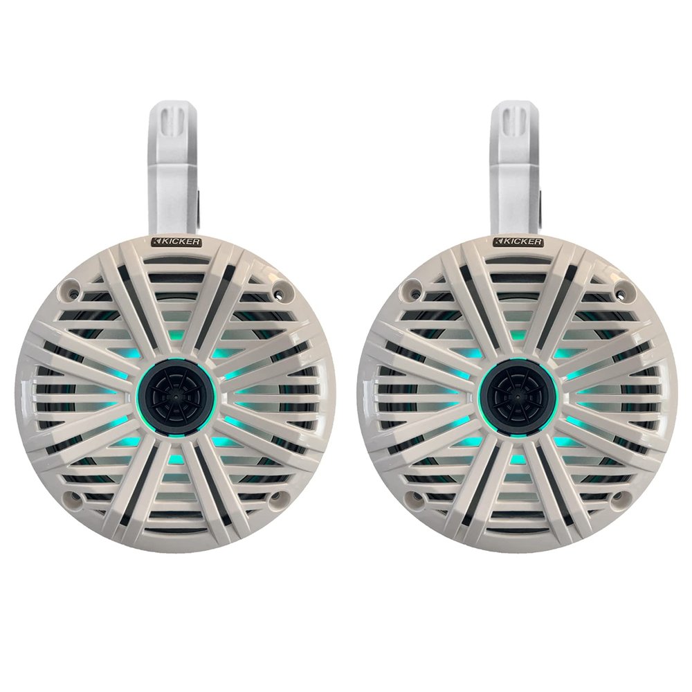 1 Pair (Qty 2) of Kicker 6.5" 2-Way 195 Watts Max Power Coaxial Marine Audio Multicolor LED Speakers with White Salt Water Grilles, 6.5" Marine Tower Speaker Enclosures (Pair) - White