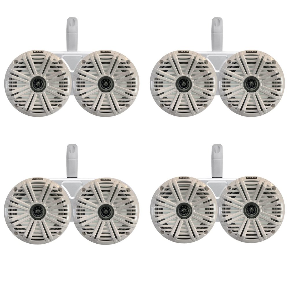 4 Pair (Qty 8) of Kicker 6.5" 2-Way 195 Watts Max Power Coaxial Marine Audio Speakers with White Salt Water Grilles, 6.5" Marine Tower Dual Speaker Enclosures (2 Pair) - White