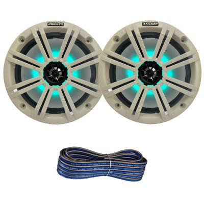 1 Pair (Qty 2) of Kicker 8" 2-Way 300 Watts Max Power Coaxial Marine Audio Multicolor LED Speakers with White Grilles, 50-Feet 16-Gauge Speaker Wire