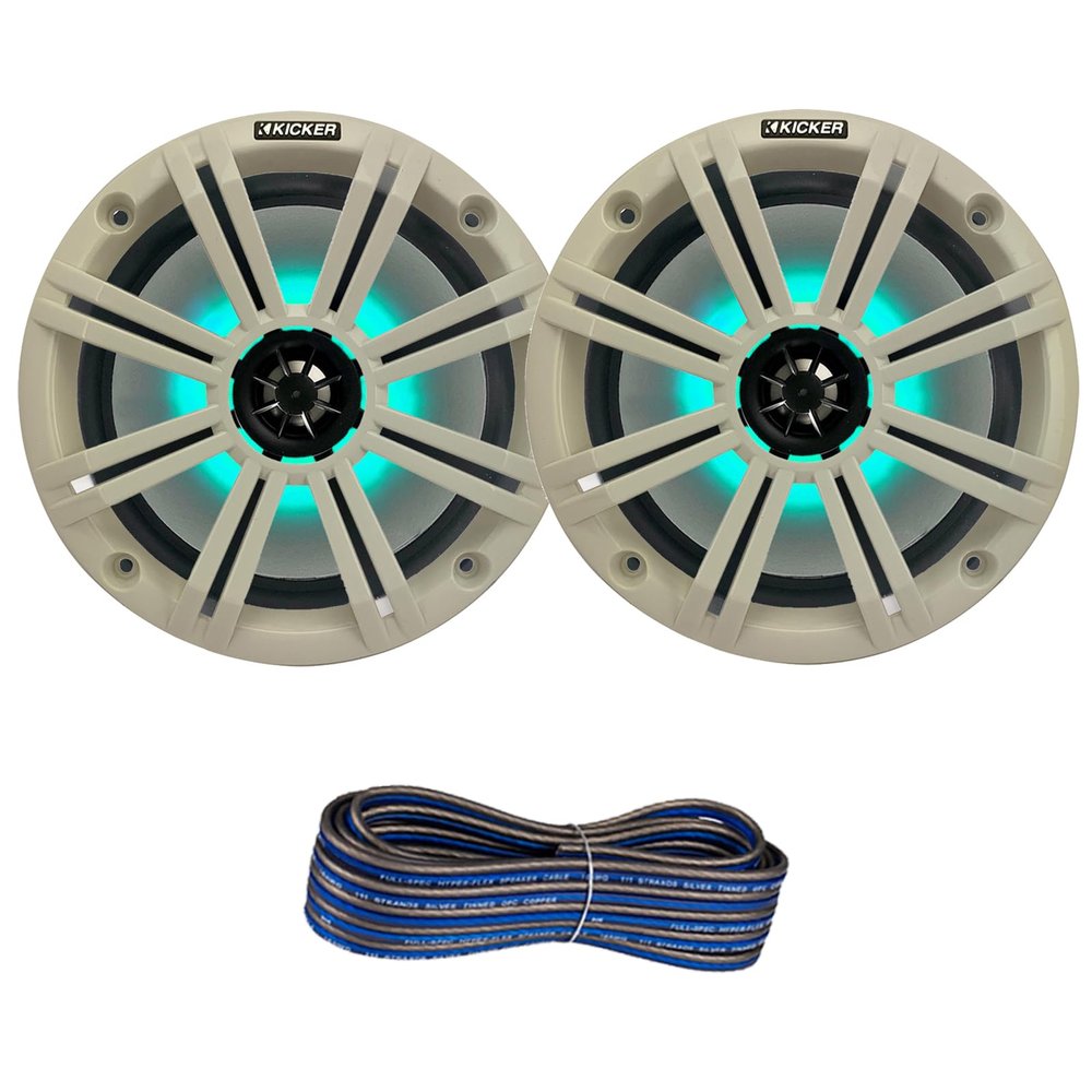 1 Pair (Qty 2) of Kicker 8" 2-Way 300 Watts Max Power Coaxial Marine Audio Multicolor LED Speakers with White Grilles, 50-Feet 16-Gauge Speaker Wire