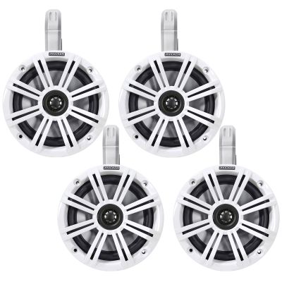 2 Pair (Qty 4) of Kicker 6.5" 2-Way 195 Watts Peak Power Coaxial Marine Audio Speakers with White Grilles, 6.5" Marine Tower Speaker Enclosures (2 Pair) - White