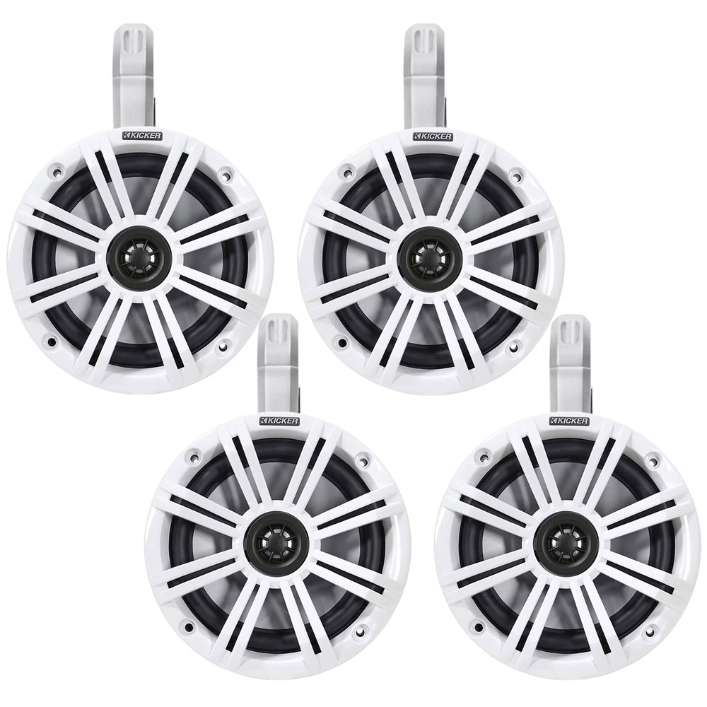 2 Pair (Qty 4) of Kicker 6.5" 2-Way 195 Watts Peak Power Coaxial Marine Audio Speakers with White Grilles, 6.5" Marine Tower Speaker Enclosures (2 Pair) - White