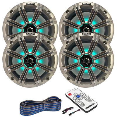 2 Pair (Qty 4) of Kicker 8" 2-Way 300 Watts Max Power Coaxial Marine Audio Multicolor LED Speakers with Silver Grilles, LED Speaker Remote Control, 50-Feet 16-Gauge Speaker Wire