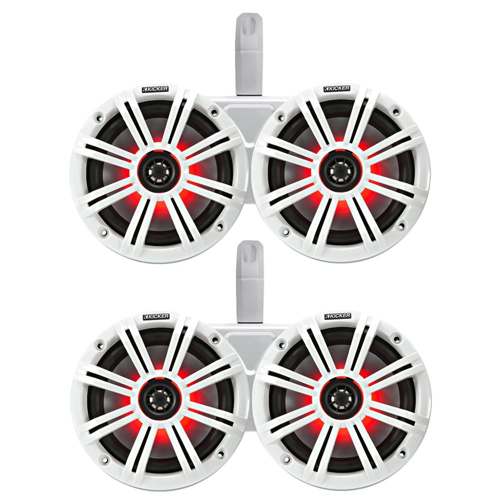 2 Pair (Qty 4) of Kicker 6.5" 2-Way 195 Watts Peak Power Coaxial Marine Multicolor LED Speakers with White Grilles, 6.5" Marine Tower Dual Speaker Enclosures (Pair) - White