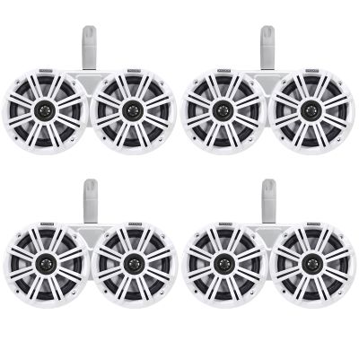 4 Pair (Qty 8) of Kicker 6.5" 2-Way 195 Watts Peak Power Coaxial Marine Audio Speakers with White Grilles, 6.5" Marine Tower Dual Speaker Enclosures (2 Pair) - White