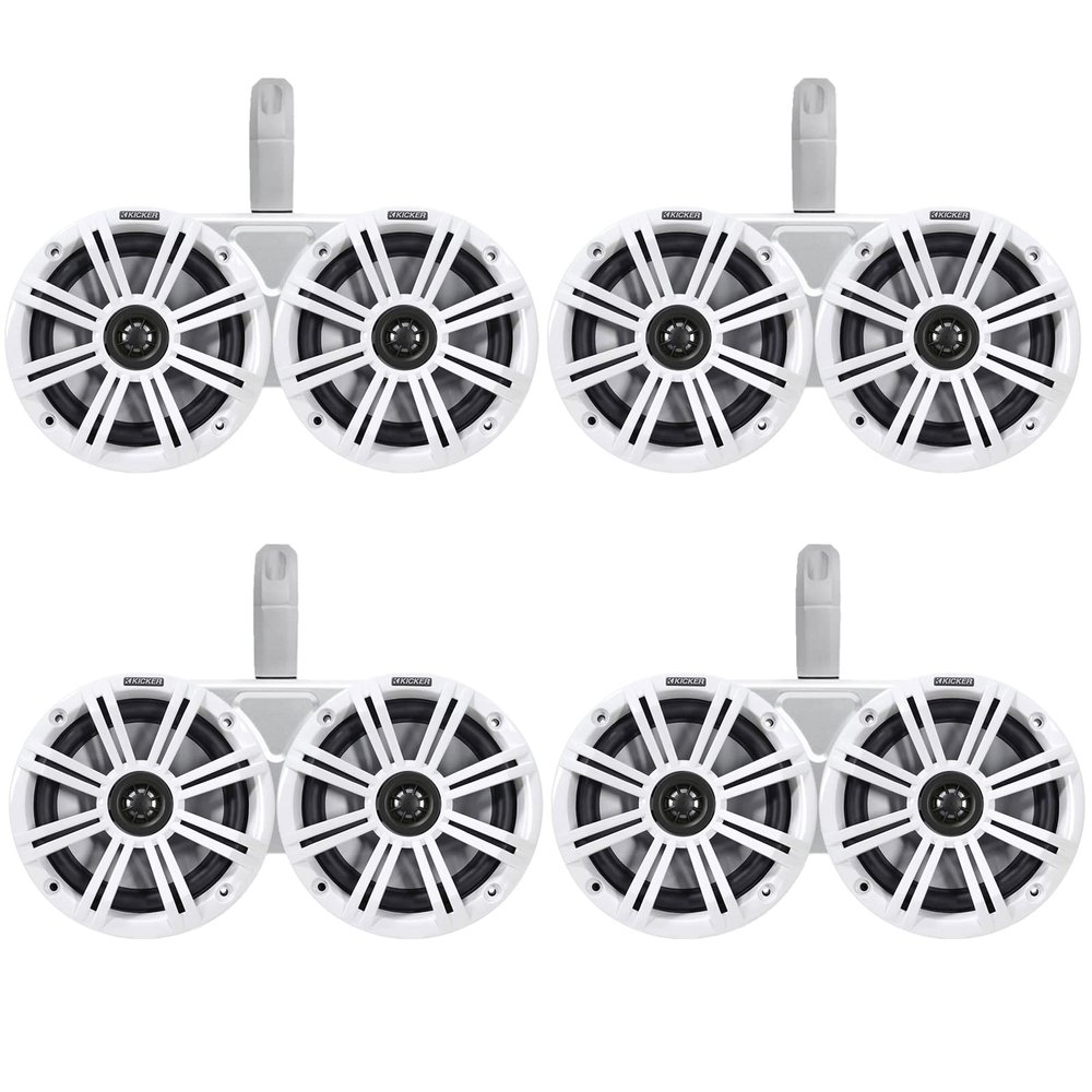 4 Pair (Qty 8) of Kicker 6.5" 2-Way 195 Watts Peak Power Coaxial Marine Audio Speakers with White Grilles, 6.5" Marine Tower Dual Speaker Enclosures (2 Pair) - White