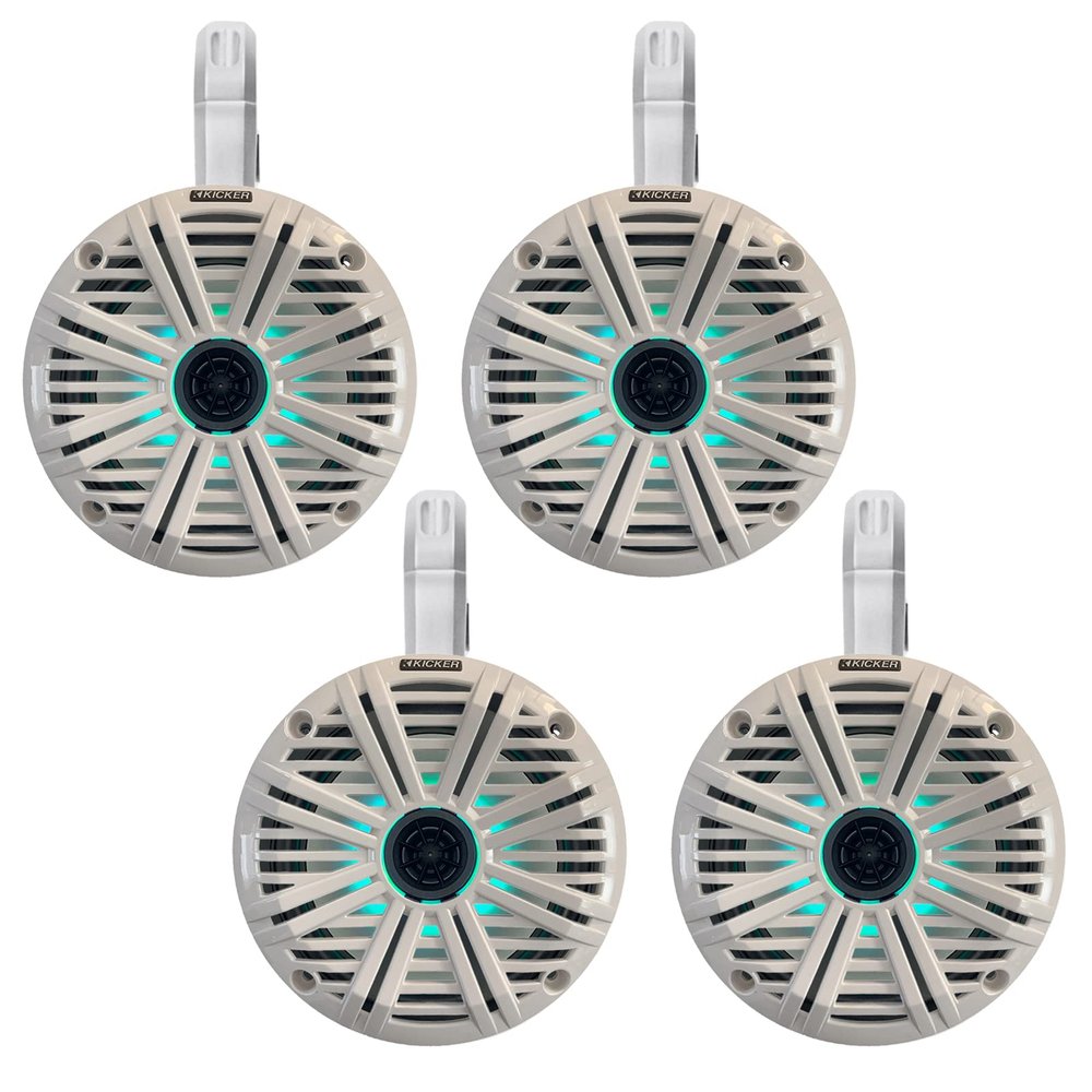 2 Pair (Qty 4) of Kicker 6.5" 2-Way 195 Watts Max Power Coaxial Marine Audio Multicolor LED Speakers with White Salt Water Grilles, 6.5" Marine Tower Speaker Enclosures (2 Pair) - White