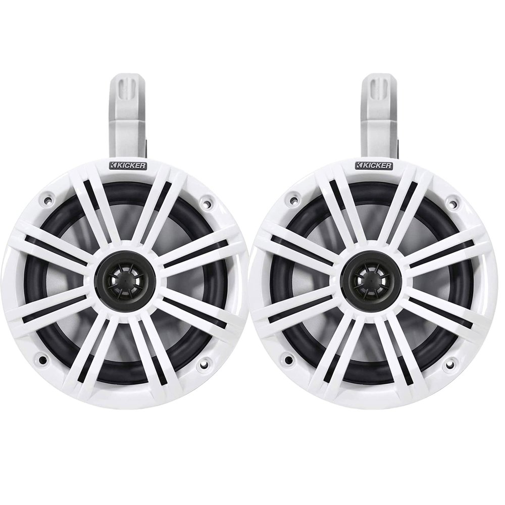 1 Pair (Qty 2) of Kicker 6.5" 2-Way 195 Watts Peak Power Coaxial Marine Audio Speakers with White Grilles, 6.5" Marine Tower Speaker Enclosures (Pair) - White