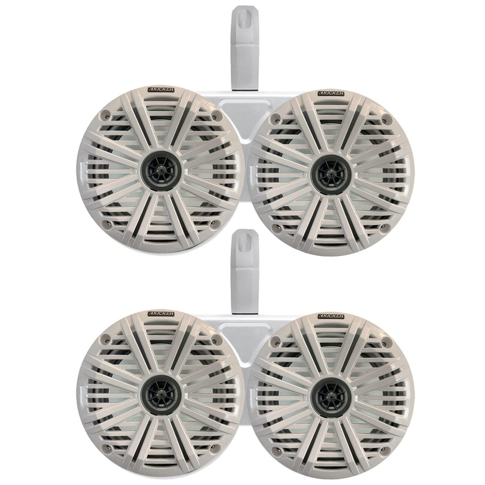 2 Pair (Qty 4) of Kicker 6.5" 2-Way 195 Watts Max Power Coaxial Marine Audio Speakers with White Salt Water Grilles, 6.5" Marine Tower Dual Speaker Enclosures (Pair) - White