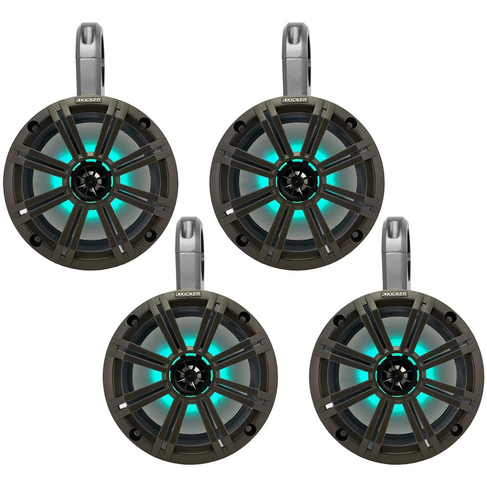 2 Pair (QTY 4) of Kicker 8" 2-Way 300 Watts Max Power Coaxial Marine Audio MultiColor LED Speakers with Charcoal Grilles, (QTY 4) 8" Marine Tower Speaker Enclosures - Black